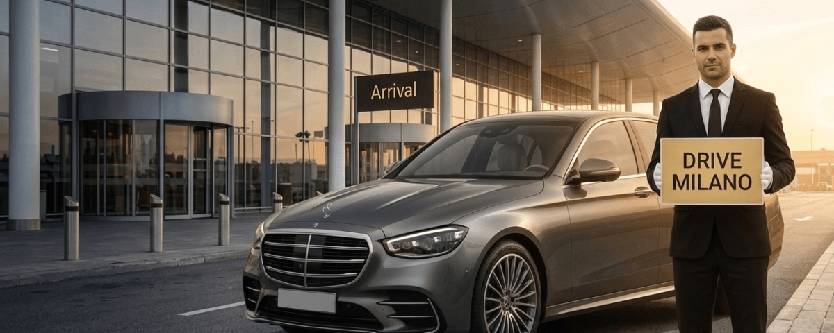 Professional chauffeur in black suit holding Drive Milano sign at airport arrival hall with luxury Mercedes S-Class