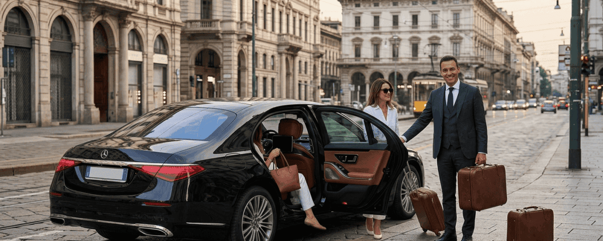 Private chauffeur service in Milan, Italy, with a smiling male chauffeur assisting a woman passenger with brown leather luggage into a black Mercedes-Benz S-Class sedan on a historic city street at twilight