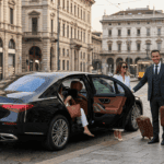Private chauffeur service in Milan, Italy, with a smiling male chauffeur assisting a woman passenger with brown leather luggage into a black Mercedes-Benz S-Class sedan on a historic city street at twilight