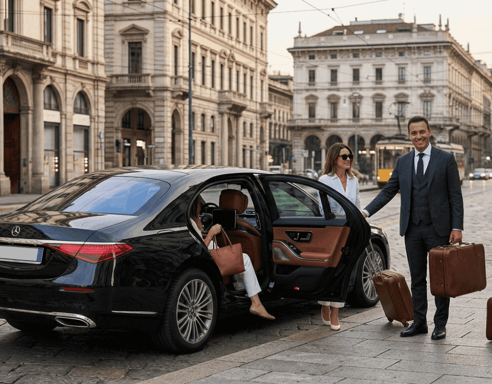 Private chauffeur service in Milan, Italy, with a smiling male chauffeur assisting a woman passenger with brown leather luggage into a black Mercedes-Benz S-Class sedan on a historic city street at twilight