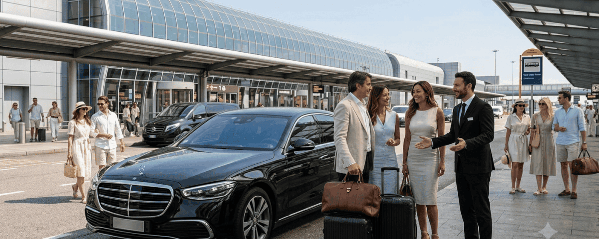 Friendly private chauffeur greeting a stylish couple with elegant leather bags next to a black Mercedes S-Class sedan at the Milan Malpensa Airport forecourt