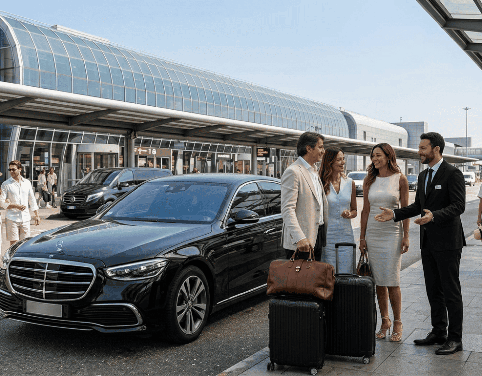 Friendly private chauffeur greeting a stylish couple with elegant leather bags next to a black Mercedes S-Class sedan at the Milan Malpensa Airport forecourt